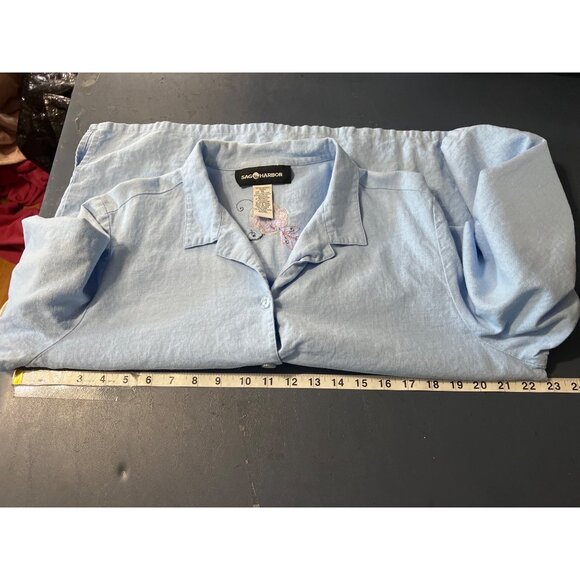 Embroidered Linen Blend Shirt Sz 18 Button-Down Light Blue Floral Beach Lagenlo - Picture 4 of 12